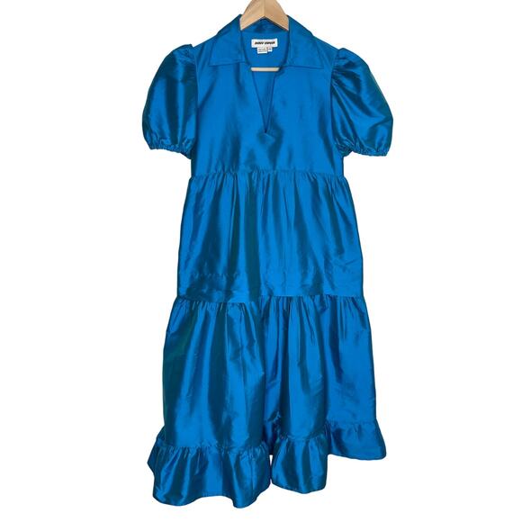 Dhruv Kapoor Puff Sleeve Midi Dress XXS Blue Metallic Tiered Pockets Cocktail - Picture 4 of 14